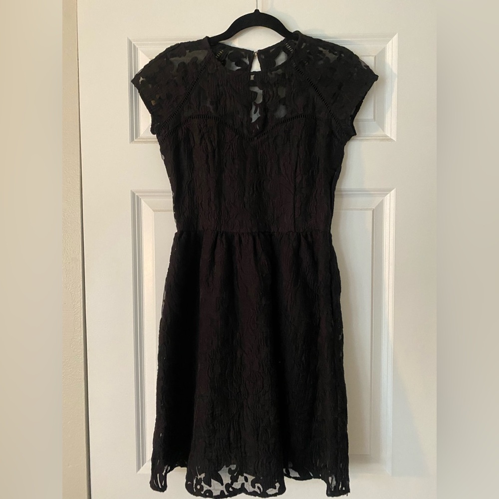 Anthropologie black fit and flare ATK lace overlay dress